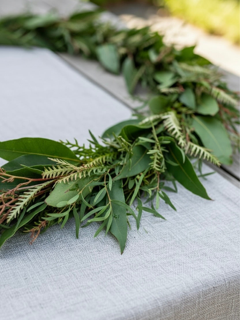 Fresh Mixed Feather Eucalyptus, Grevillea, Lemon Eucalyptus Garland